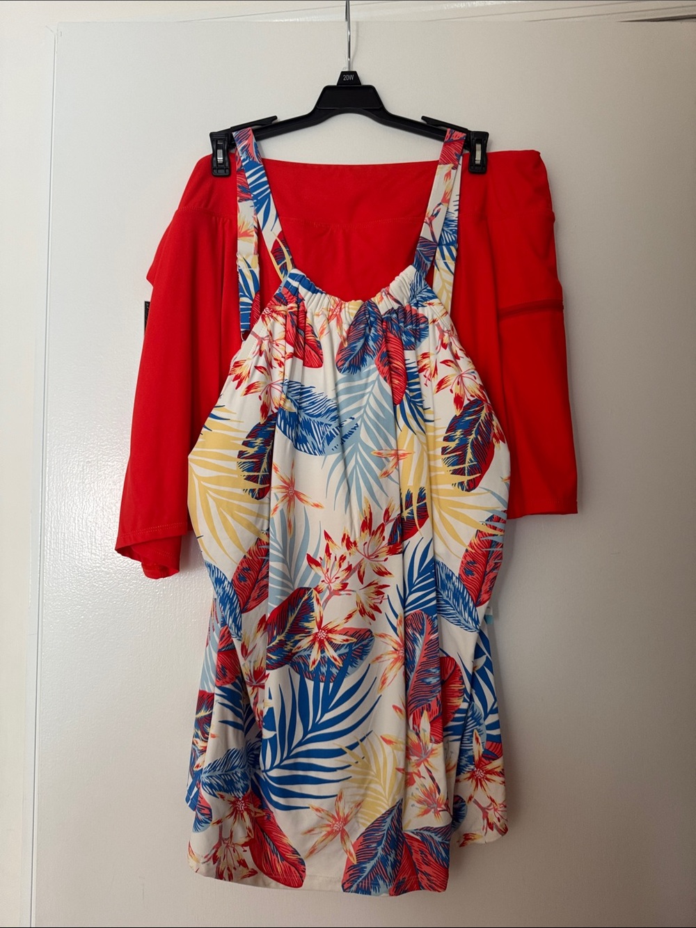 Beach House Tropical Print Mini Dress in White, Coral & Blue